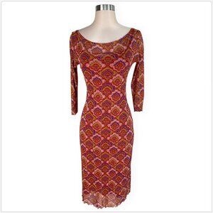 Weston Wear Fall Rich Tones Printed Patterned Stretch Mesh Dress L Petite PL